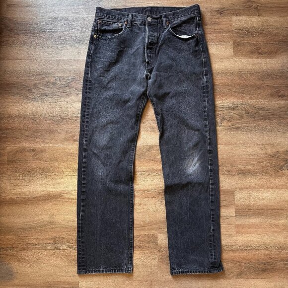 Levi's Jeans Mens 33x32 Black 501 Dark Wash Distressed Cotton Denim Pants - Picture 1 of 8